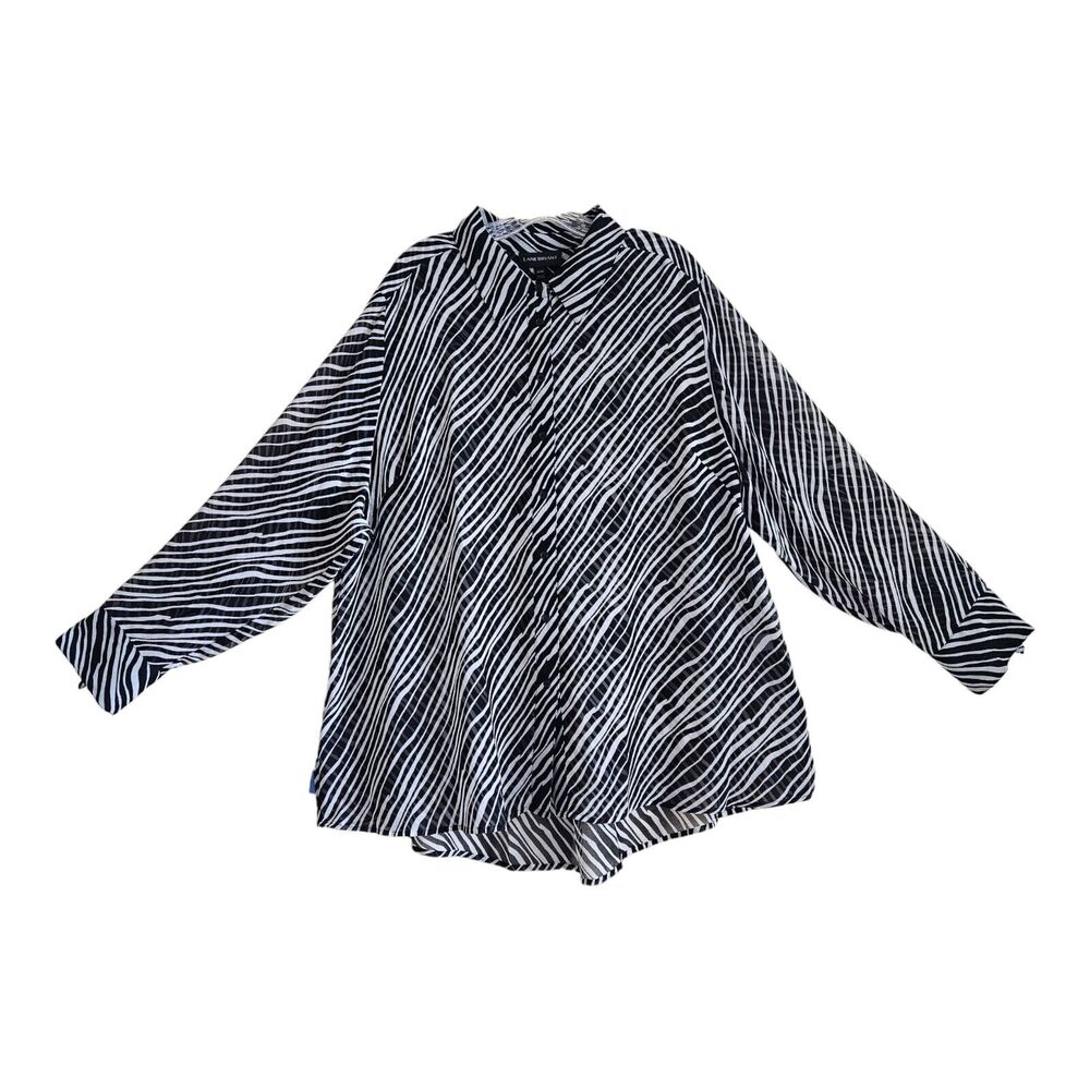 LANE BRYANT Plus 22 24 Blouse Black White Zebra Print Button Up Semi Sheer 52"